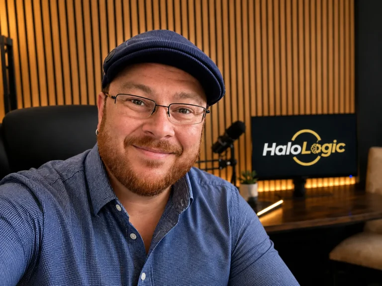 Brad Bear smiling in the Halo Logic studio, with the HaloLogic logo on a screen behind him.